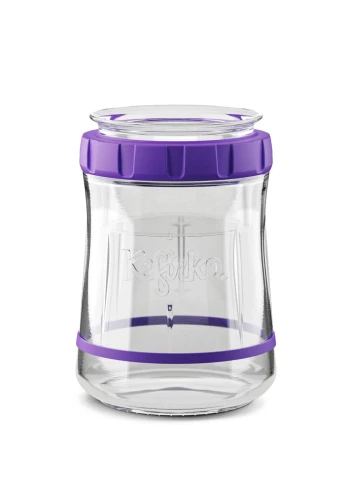 Szklany fermenter Kefirko o pojemności 900 ml z fioletową nakrętką i silikonową obręczą – idealny pojemnik do domowej fermentacji zakwasu do wypieków. Wysokiej jakości słoik z funkcjonalnym systemem filtracji do hodowania zakwasu.