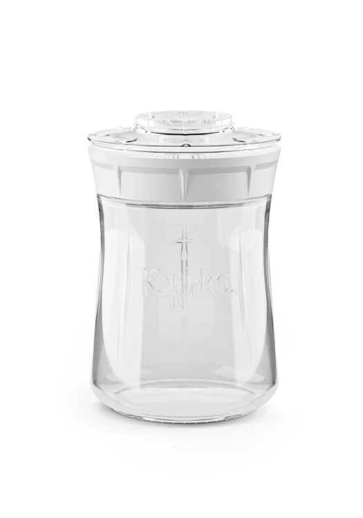 Szklany fermenter Kefirko o pojemności 900 ml z białą nakrętką – praktyczny słoik do przygotowywania domowego kefiru i napojów fermentowanych. Wysokiej jakości pojemnik z wbudowanym systemem filtracji, idealny do codziennej fermentacji w domu.webp