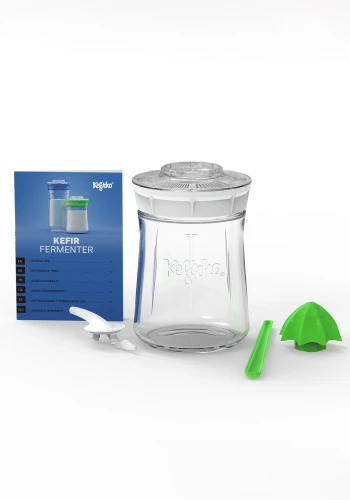 Zestaw Kefirko do fermentacji kefiru – szklany pojemnik fermentator 900 ml z białą pokrywą, sitkiem, łyżką i instrukcją, komplet do domowego przygotowywania kefiru, jogurtu i napojów fermentowanych