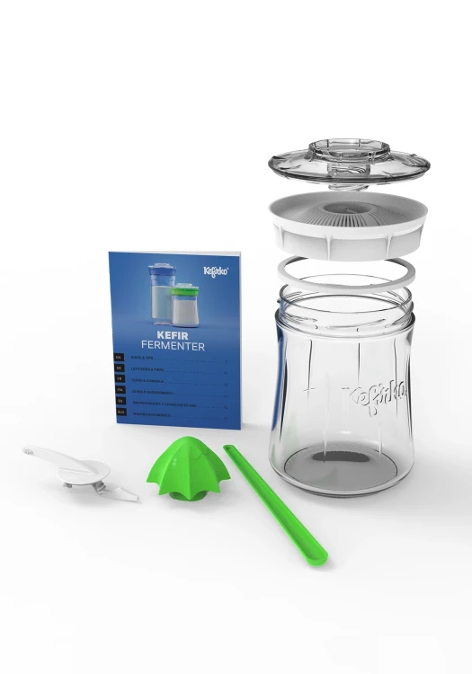 Zestaw fermentator Kefirko do kefiru 900 ml – szklany pojemnik z pokrywą w kolorze białym, sitkiem, łyżką i instrukcją, komplet do domowego przygotowywania kefiru, jogurtu i napojów fermentowanych