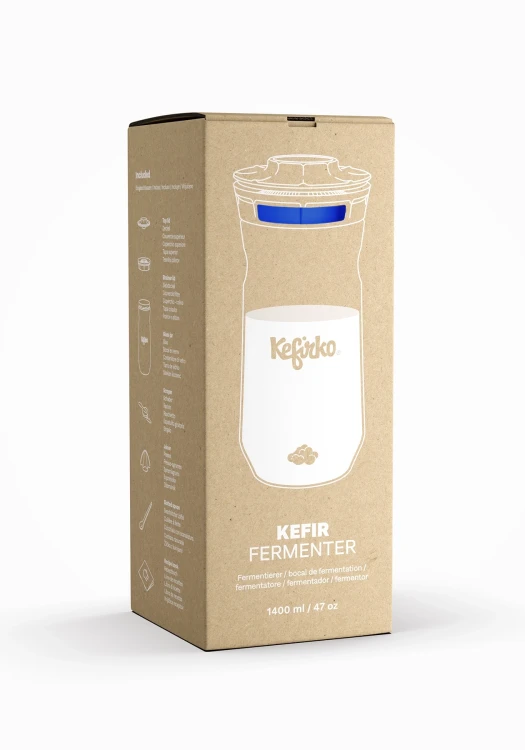 Szklany słoik fermentator do kefiru Kefirko 1400 ml - w kolorze niebieskim. Pudełko kartonowe.