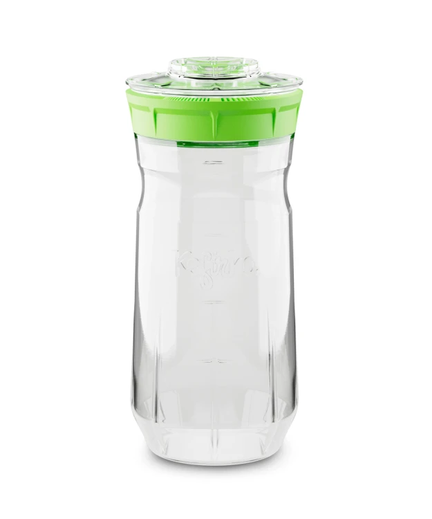 Szklany słoik Kefirko 1,4 l z zieloną nakrętką typu strainer do domowej fermentacji kefiru. Wbudowane sitko ułatwia oddzielanie ziaren od gotowego napoju. Praktyczny zestaw do zdrowego, naturalnego kefiru bez konserwantów.