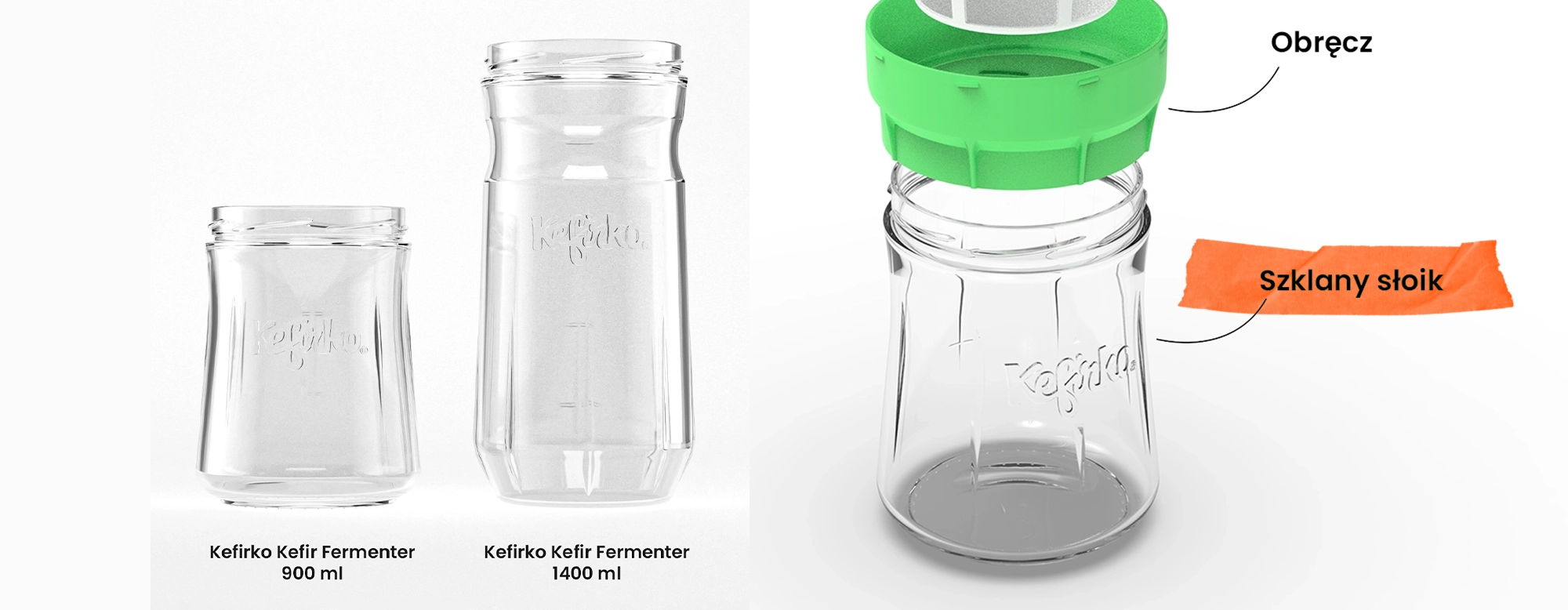 Szklany słoik Kefirko do fermentacji i przygotowywania domowego sera. Dwa rozmiary Kefirko Kefir Fermenter: 900 ml i 1400 ml. Infografika przedstawia budowę słoika i obręcz serowaru Kefirko Cheese Maker.